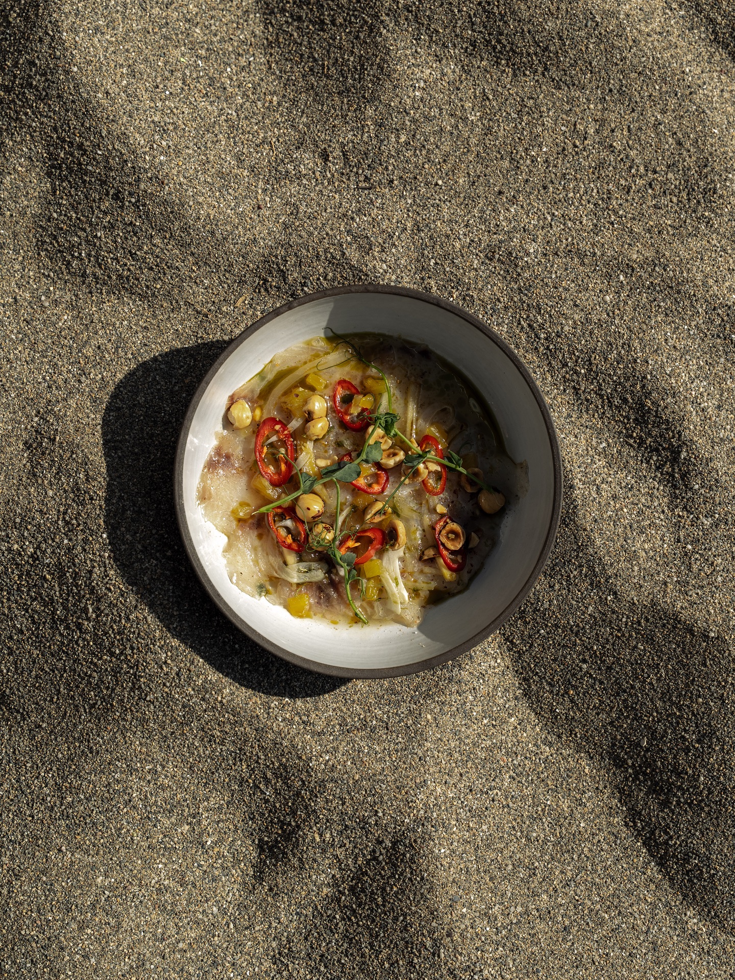 Seafood crudo in a ceramic bowl resting on the sand