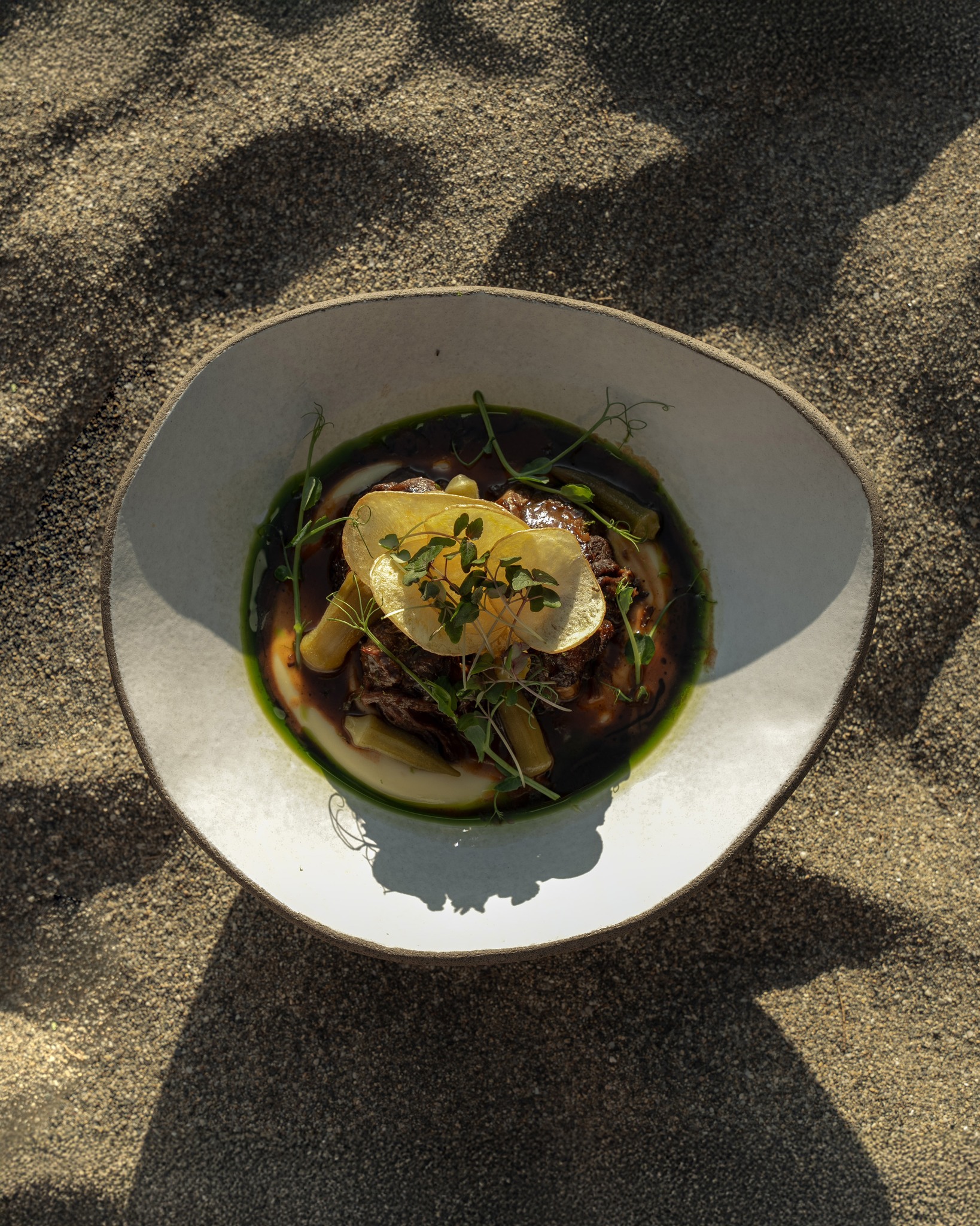 Plated seafood dish photographed on the beach sand