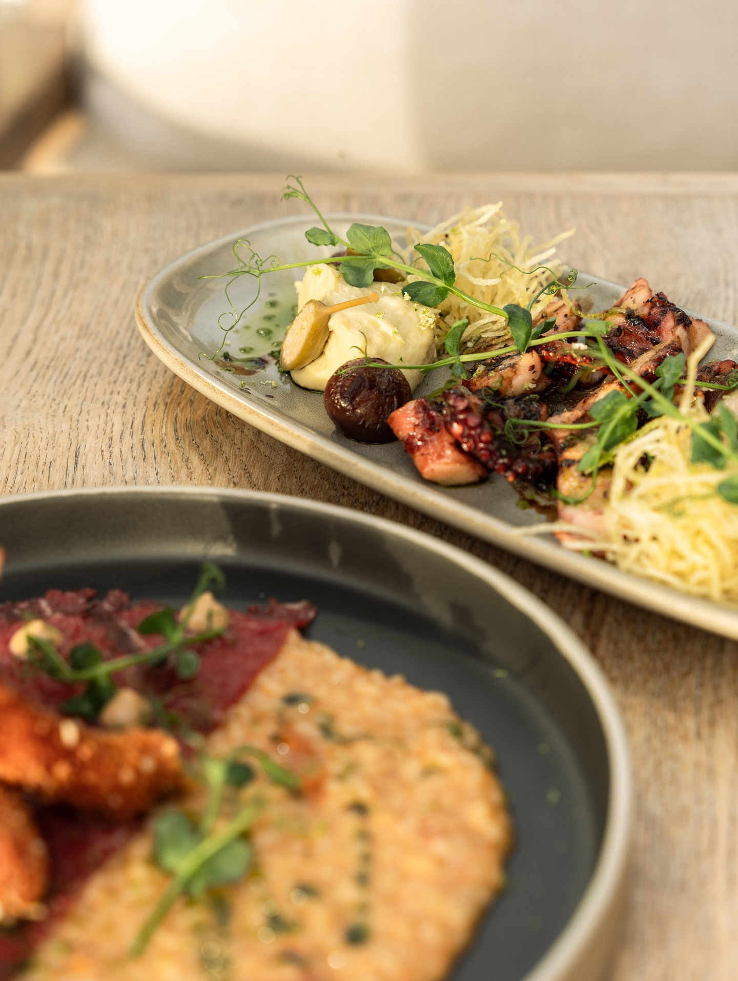 Shared dishes on a sunlit table